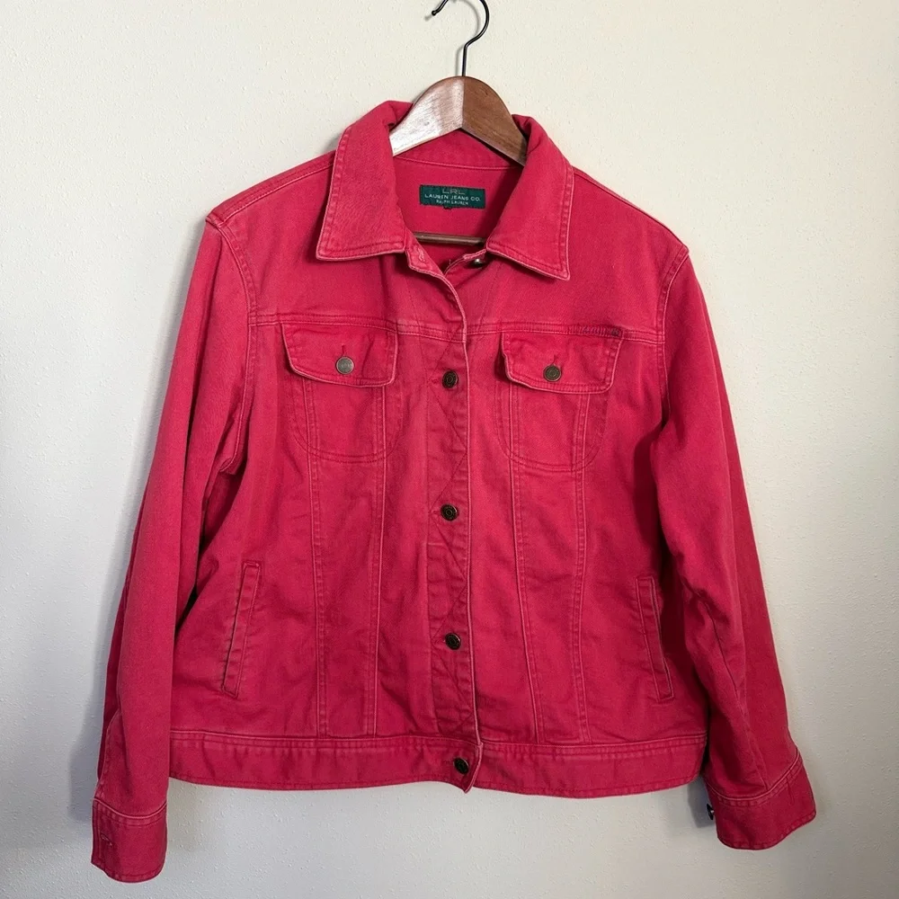 Ralph Lauren Red Denim Jacket Large Trucker Button Front Cotton Jean Jacket - Picture 2 of 11